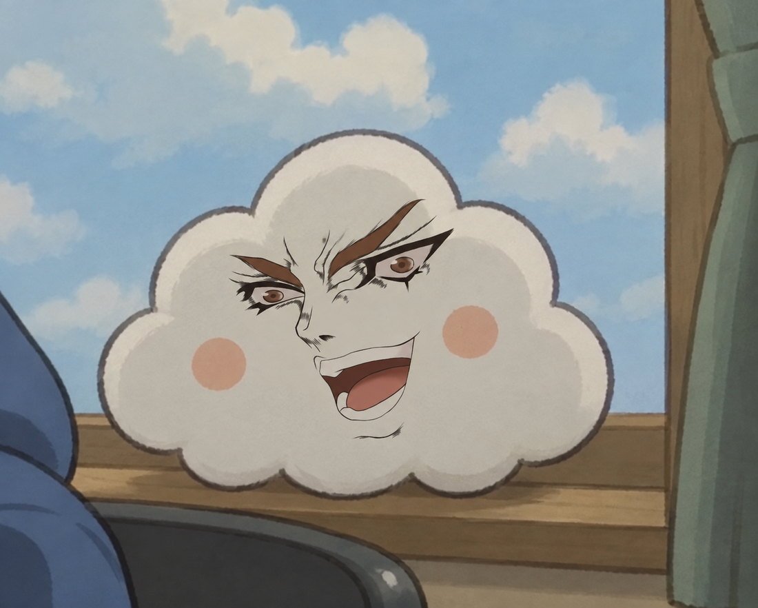Cloudy sitting on a windowsill against a blue sky, wearing an extremely determined expression