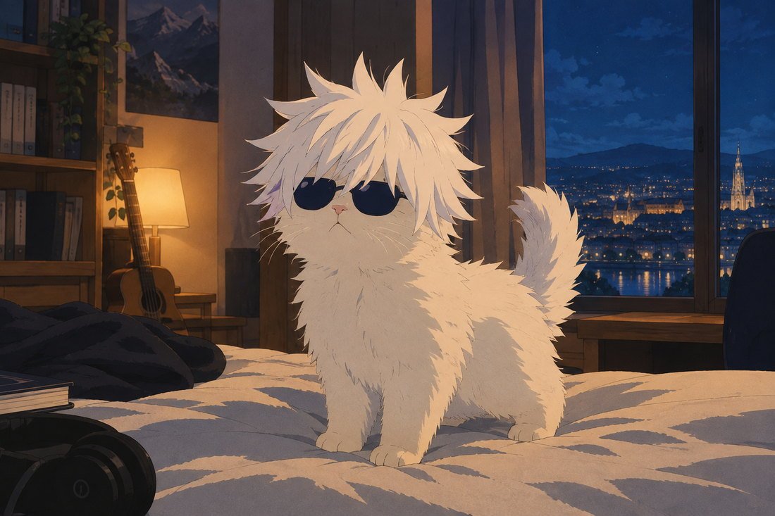 Stella, a very fluffy white cat in sunglasses, standing on a bed with Vienna lit up through the window behind her